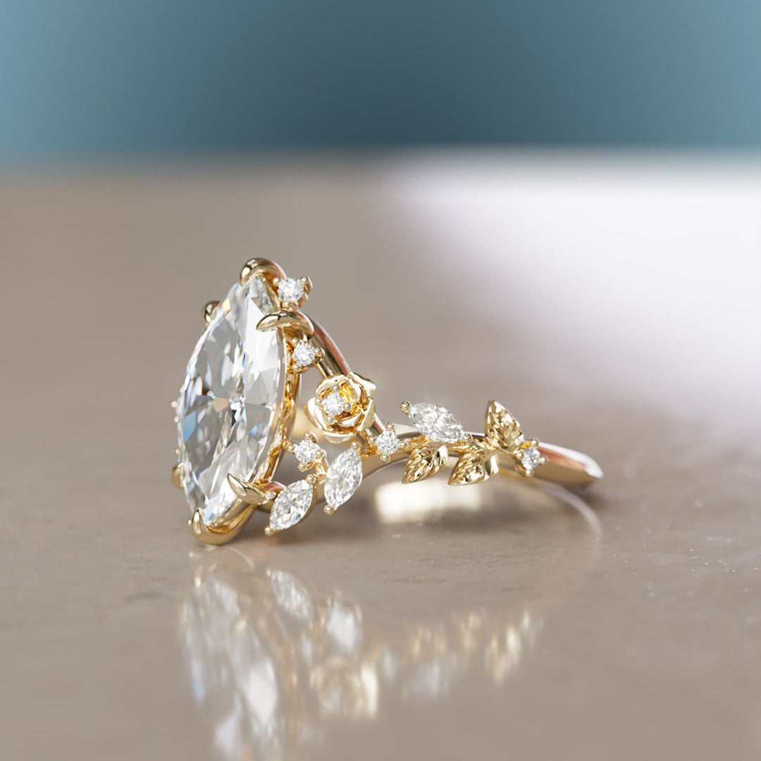 Rosewood marquise verlovingsring met laboratoriumdiamant en bloem, geïnspireerd door de natuur