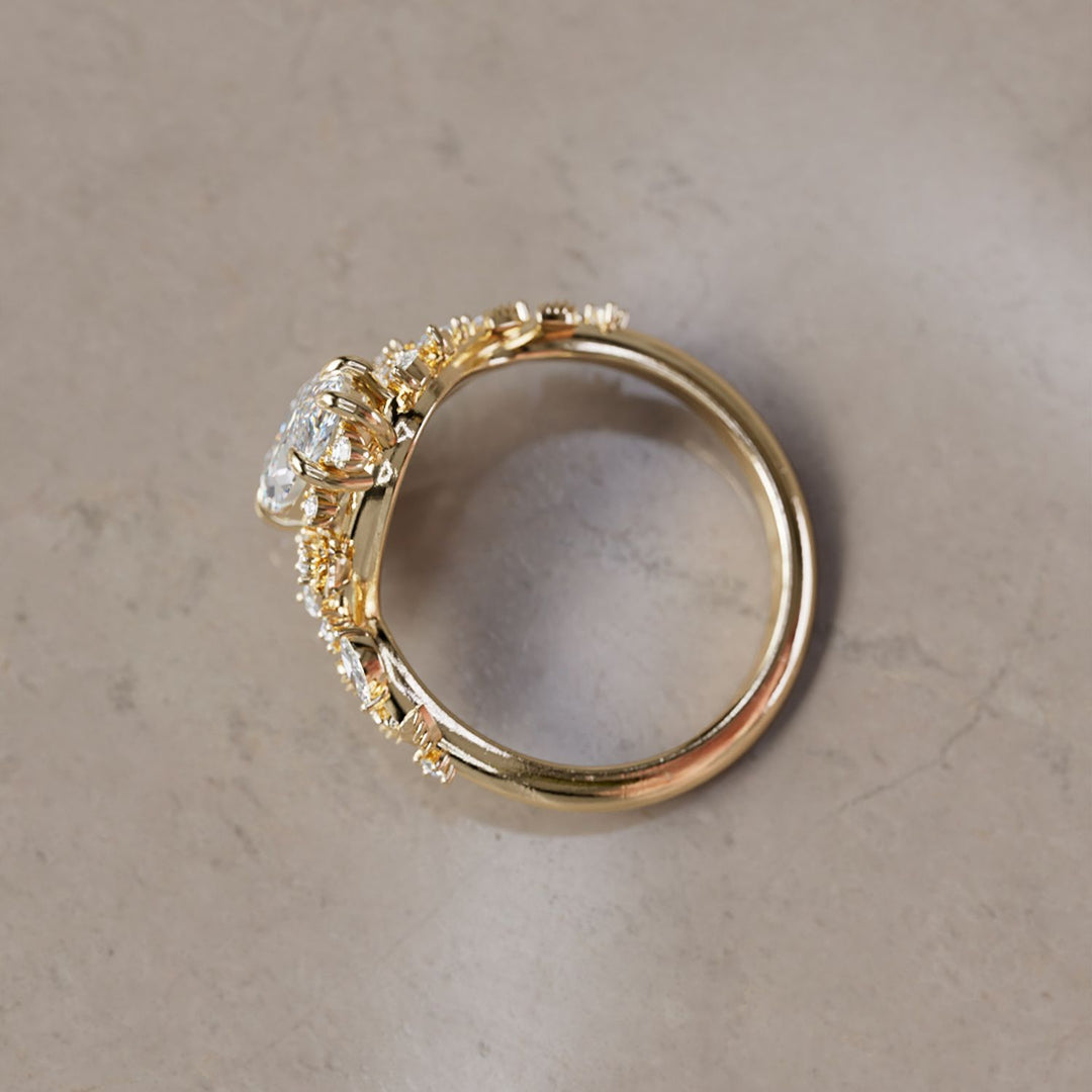Rosewood marquise verlovingsring met laboratoriumdiamant en bloem, geïnspireerd door de natuur