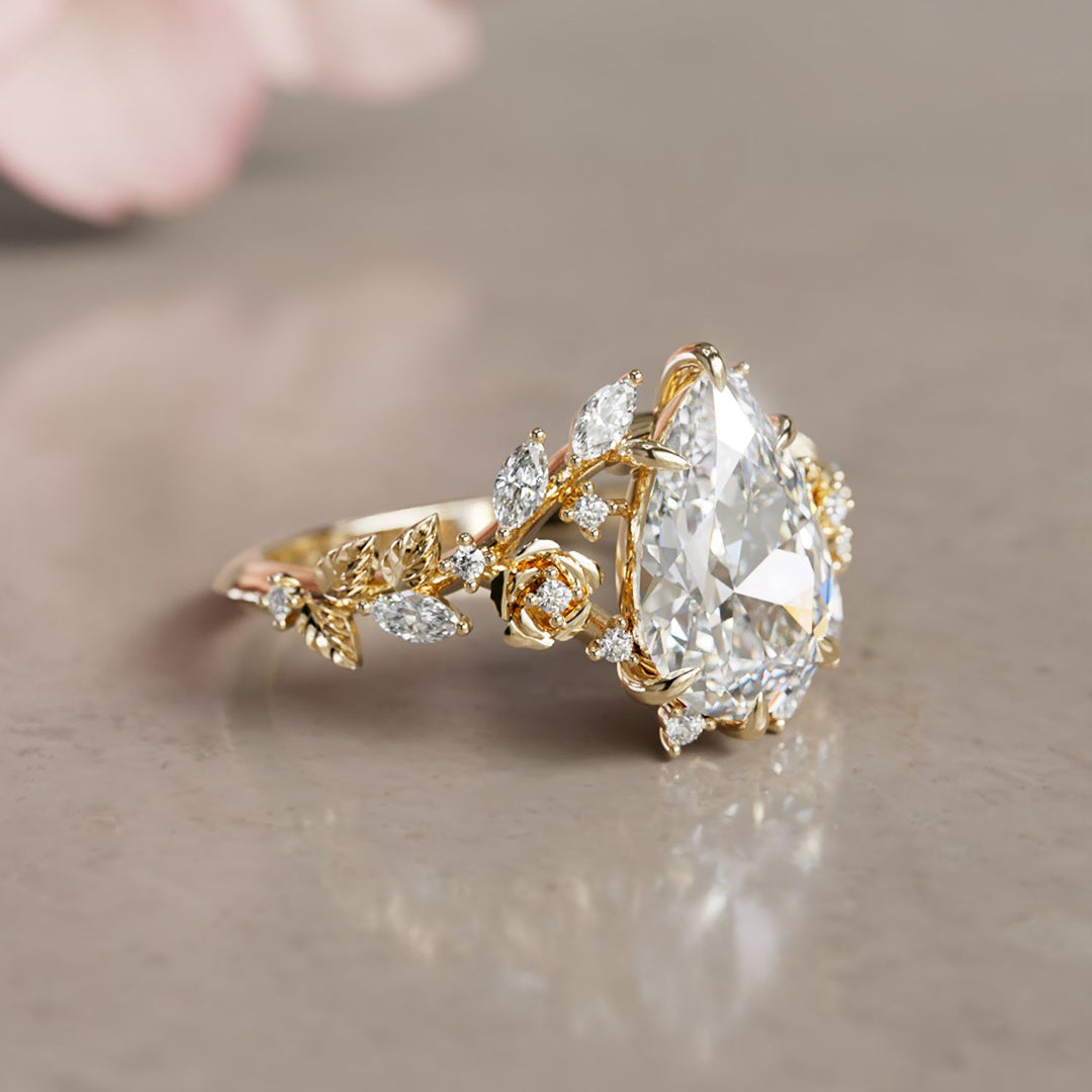 Rosewood pæreformet laboratoriediamant, forlovelsesring med blomst, naturinspirert