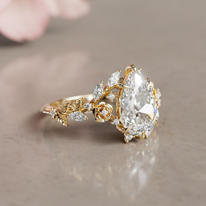 Rosewood pæreformet laboratoriediamant, forlovelsesring med blomst, naturinspirert