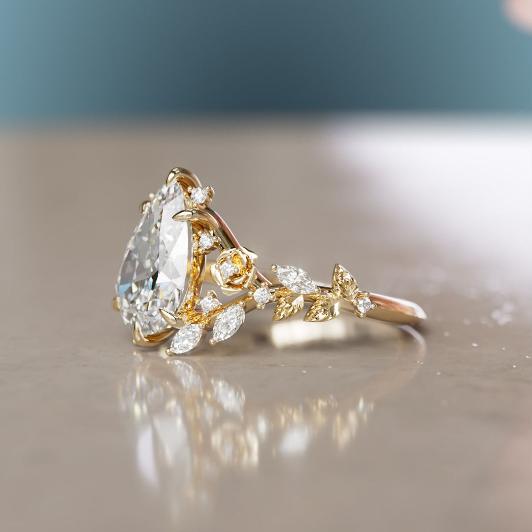 Rosewood pæreformet laboratoriediamant, forlovelsesring med blomst, naturinspirert