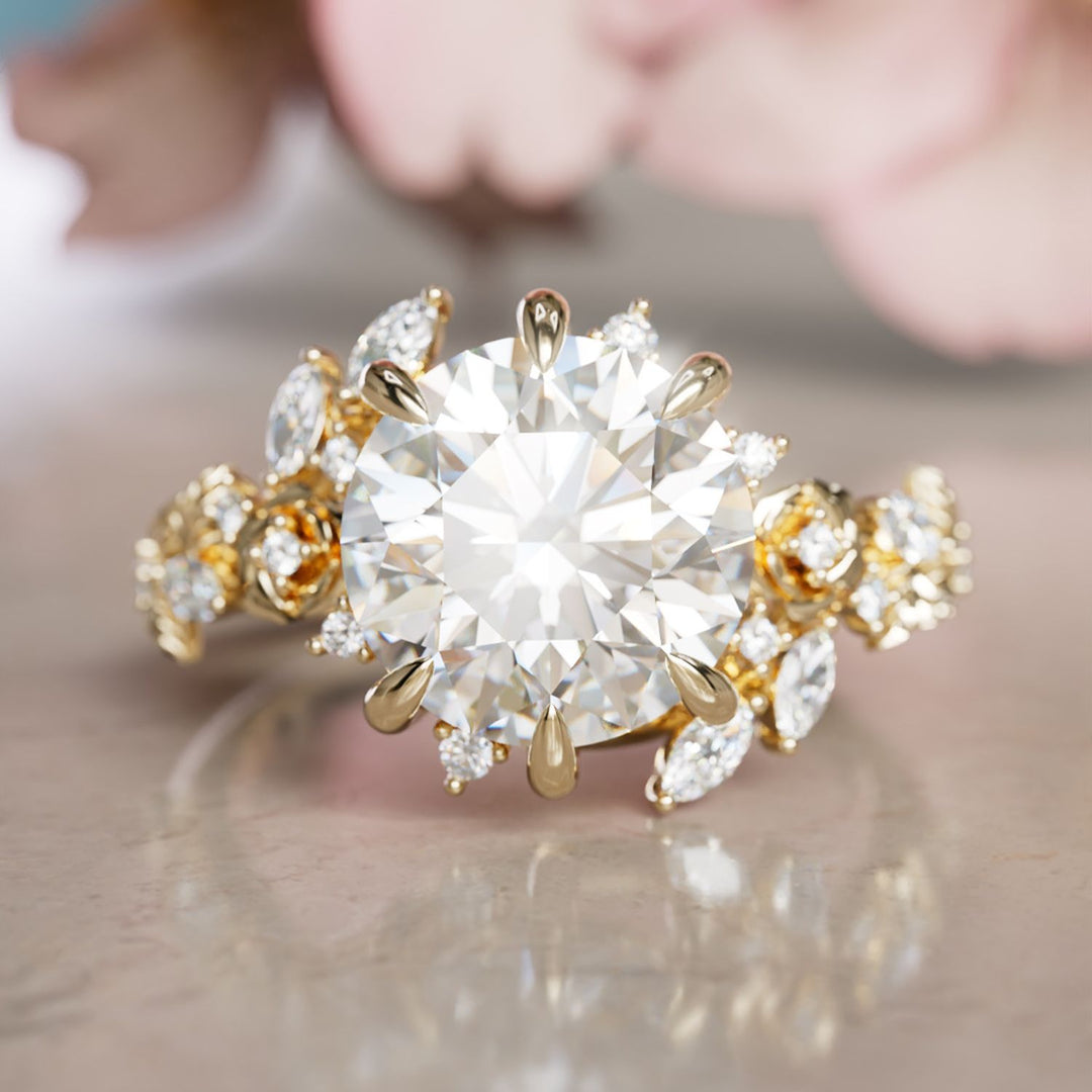 Alderose Round Lab Diamond Engagement Flower Ring Nature Inspired