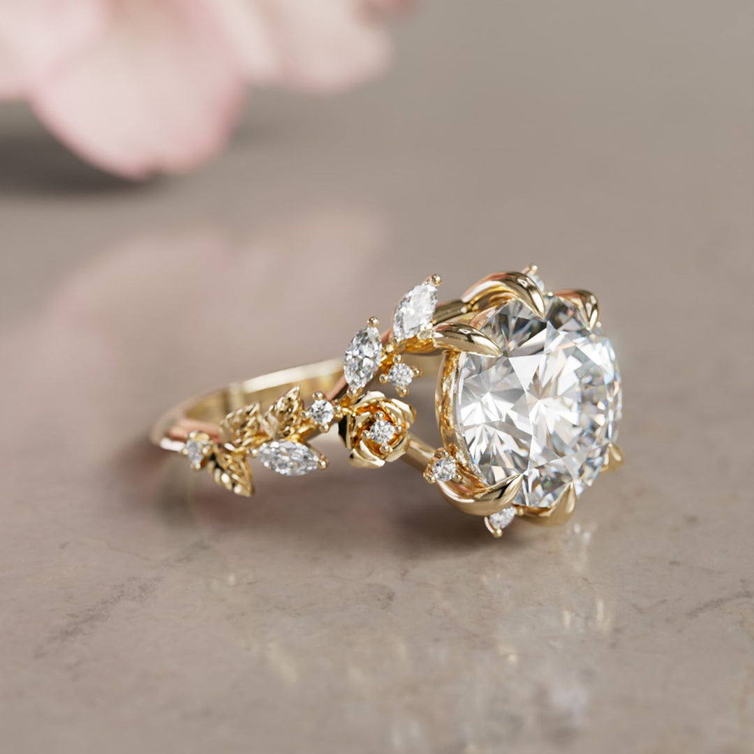 Alderose Round Lab Diamond Engagement Flower Ring Nature Inspired