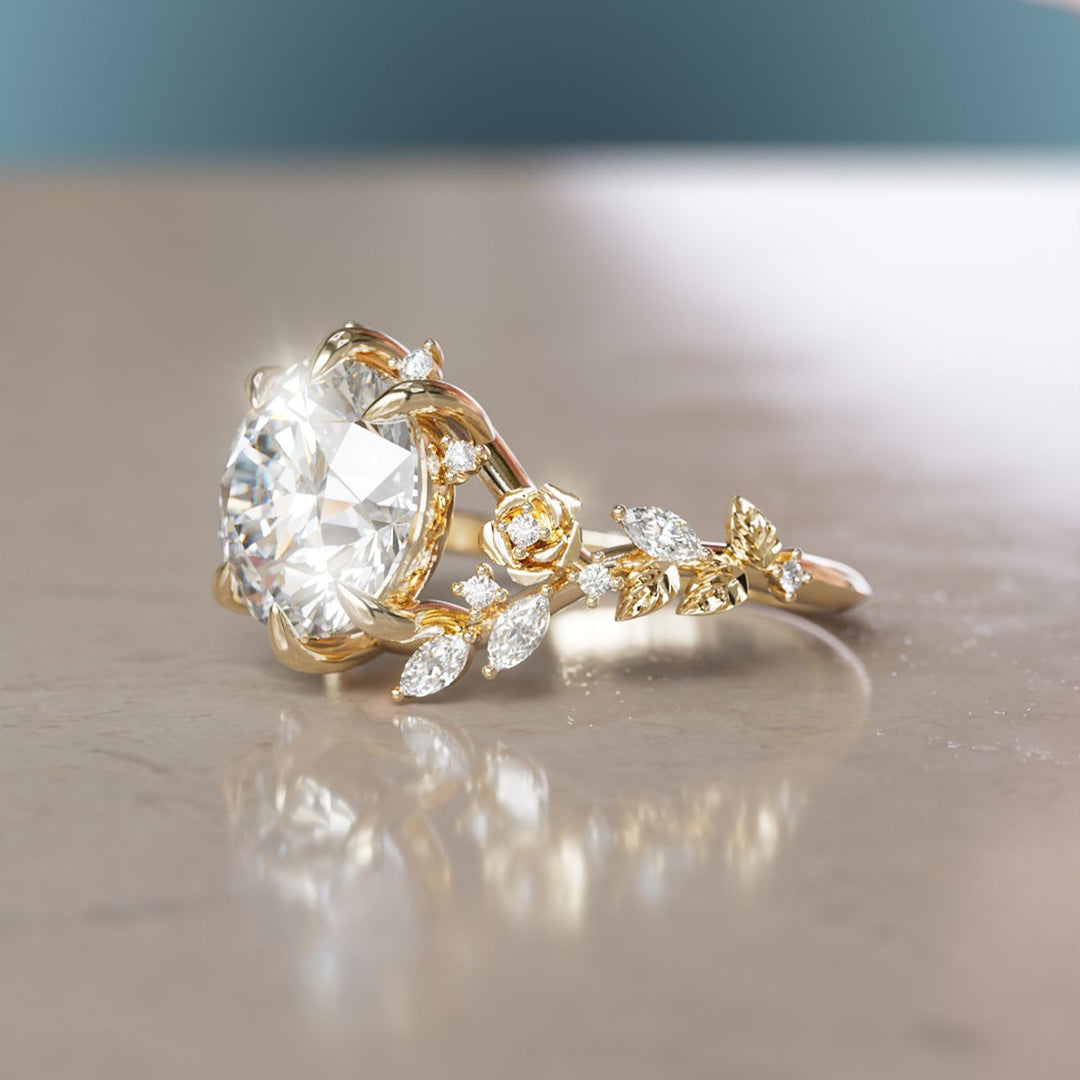 Alderose Round Lab Diamond Engagement Flower Ring Nature Inspired