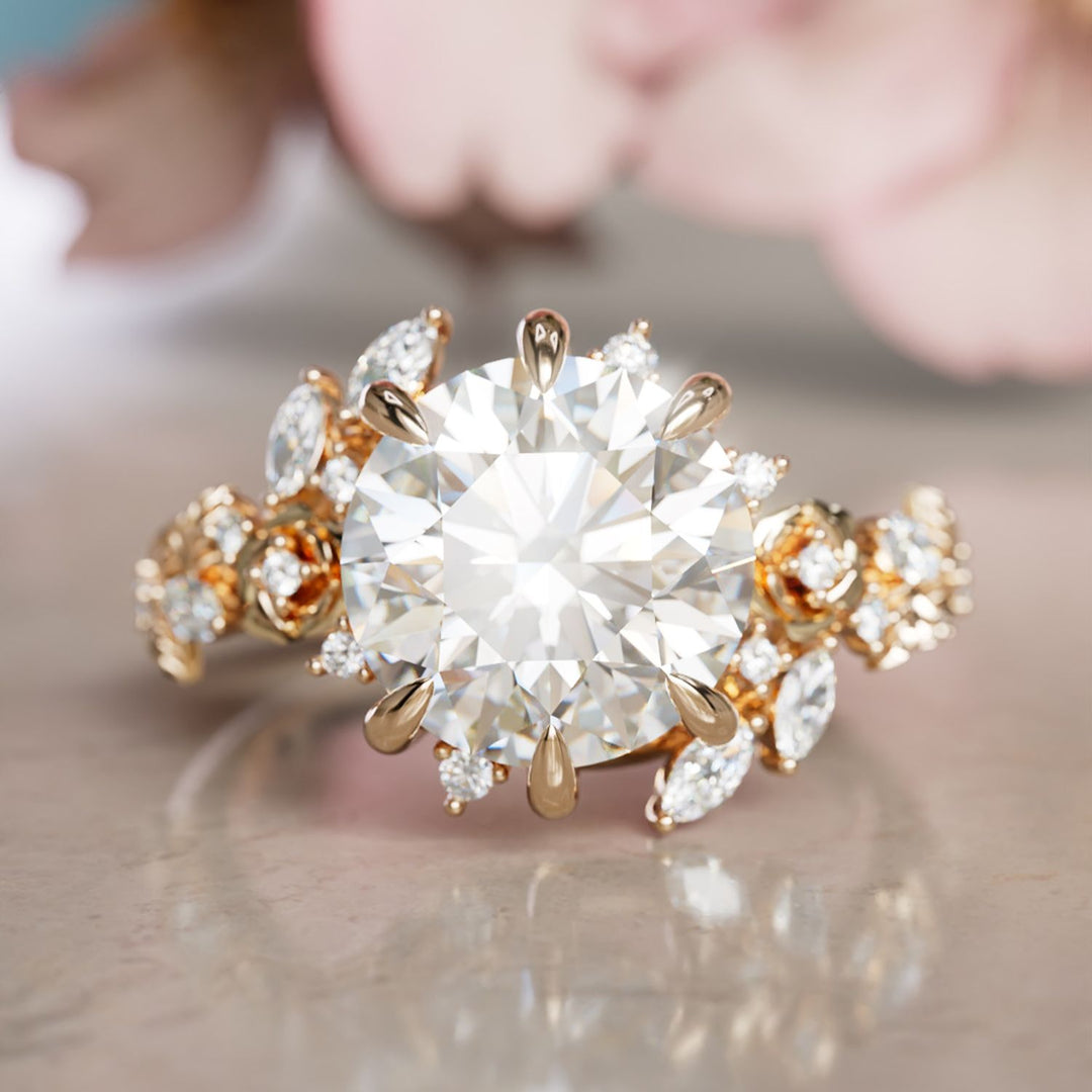 Alderose Round Lab Diamond Engagement Flower Ring Nature Inspired