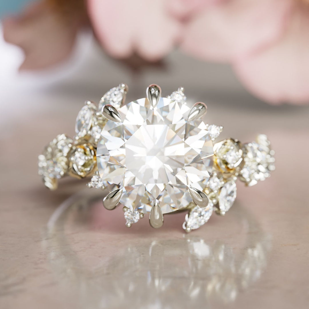 Alderose Round Lab Diamond Engagement Flower Ring Nature Inspired