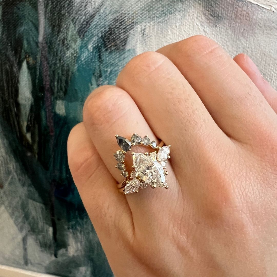 Aisling Unique Wedding Ring Grey Salt & Pepper Diamond Halo Stacker (Ready to Ship)