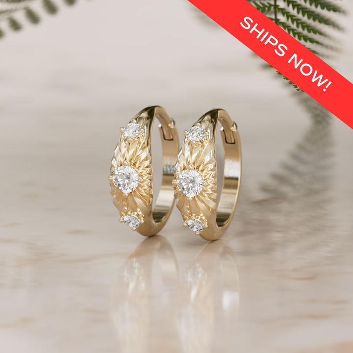 Aurora Fluted Lab Diamond Clicker Hoop Unique Earrings 14k Yellow Gold (Ready to Ship)