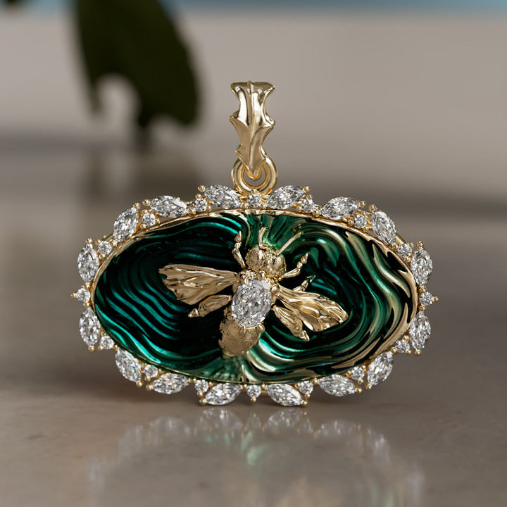 Bee Trapped in Water Trompe-l'œil Surrealist Unique Pendant with Enamel and Lab Diamonds