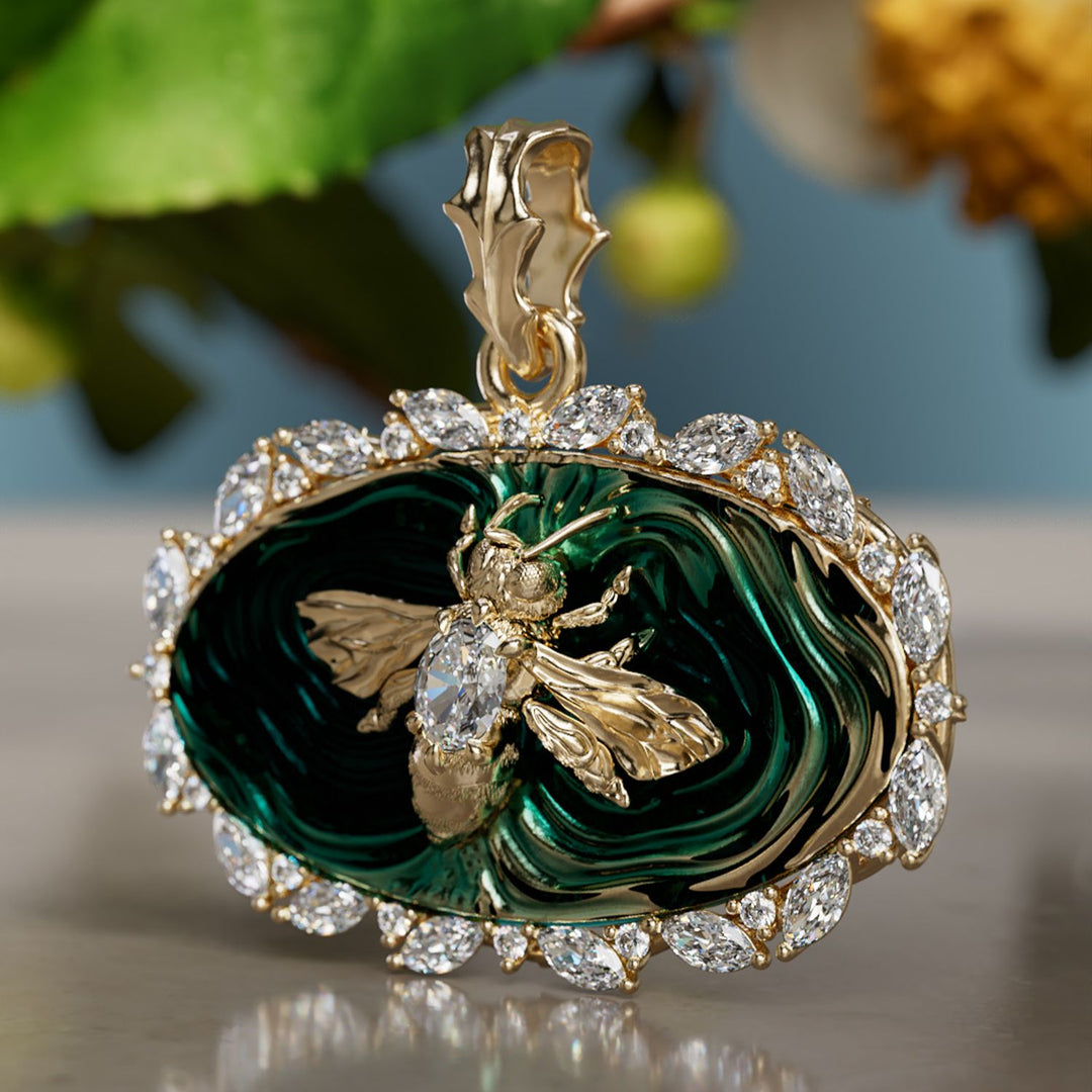 Bee Trapped in Water Trompe-l'œil Surrealist Unique Pendant with Enamel and Lab Diamonds