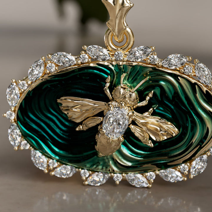 Bee Trapped in Water Trompe-l'œil Surrealist Unique Pendant with Enamel and Lab Diamonds