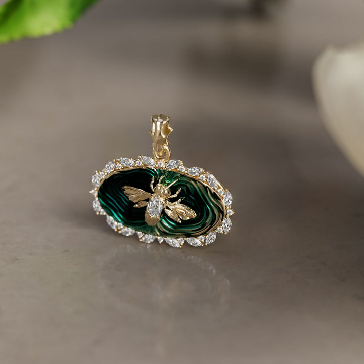Bee Trapped in Water Trompe-l'œil Surrealist Unique Pendant with Enamel and Lab Diamonds