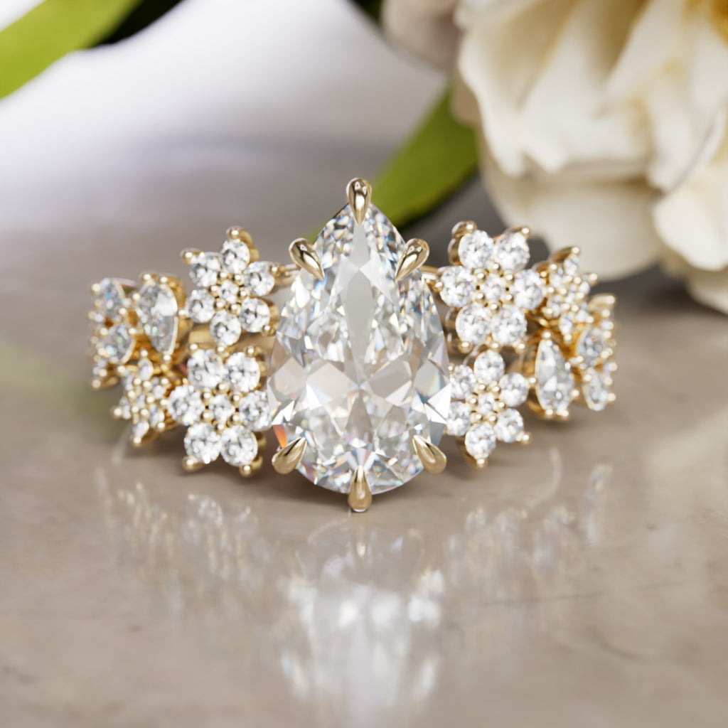 Flower Engagement Ring: Camellia Pear Lab Diamond Nature Inspired (Setting Only) By Valley Rose