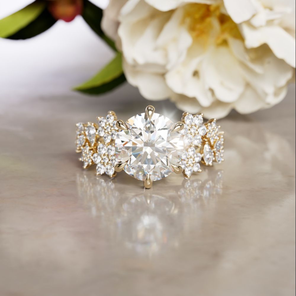 Flower Engagement Ring: Camellia Round Lab Diamond Nature Inspired (Setting Only)