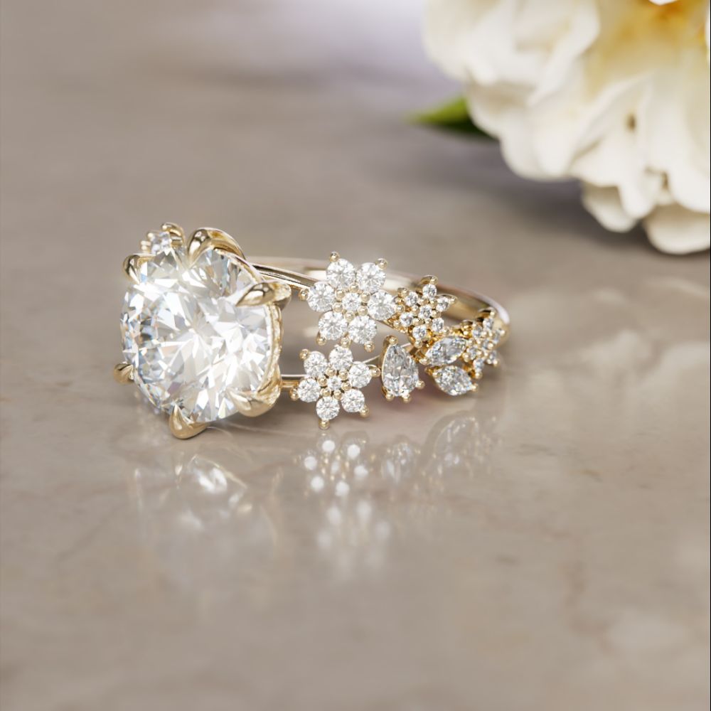 Flower Engagement Ring: Camellia Round Lab Diamond Nature Inspired (Setting Only)
