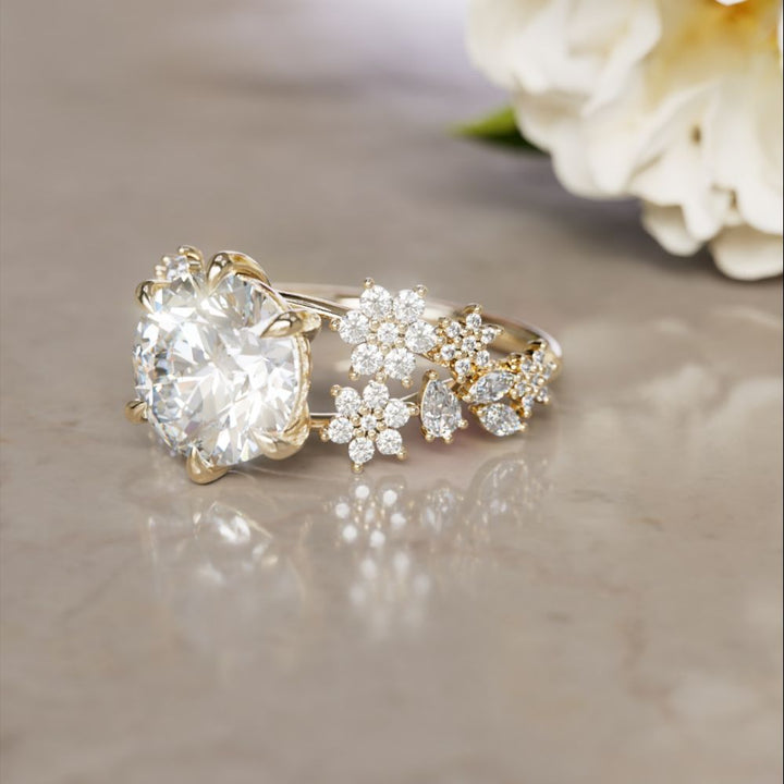 Flower Engagement Ring: Camellia Round Lab Diamond Nature Inspired (Setting Only)