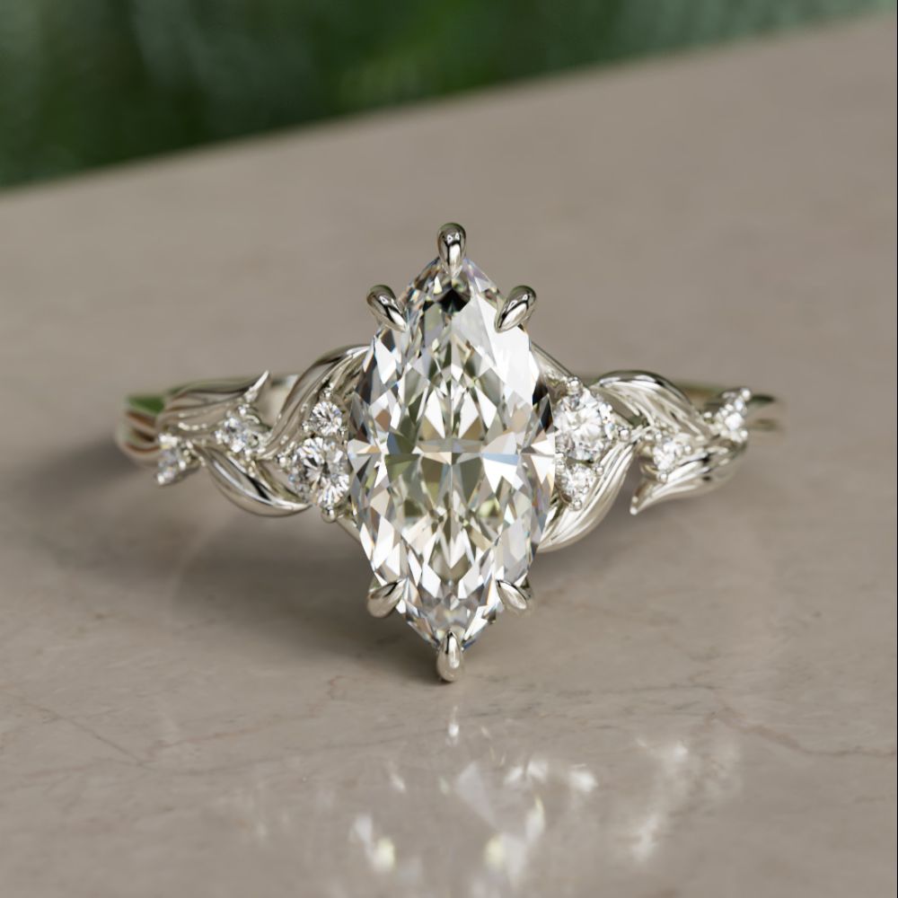 Celria Marquise Lab Diamond Fantasy Engagement Ring Nature Inspired with Leaves