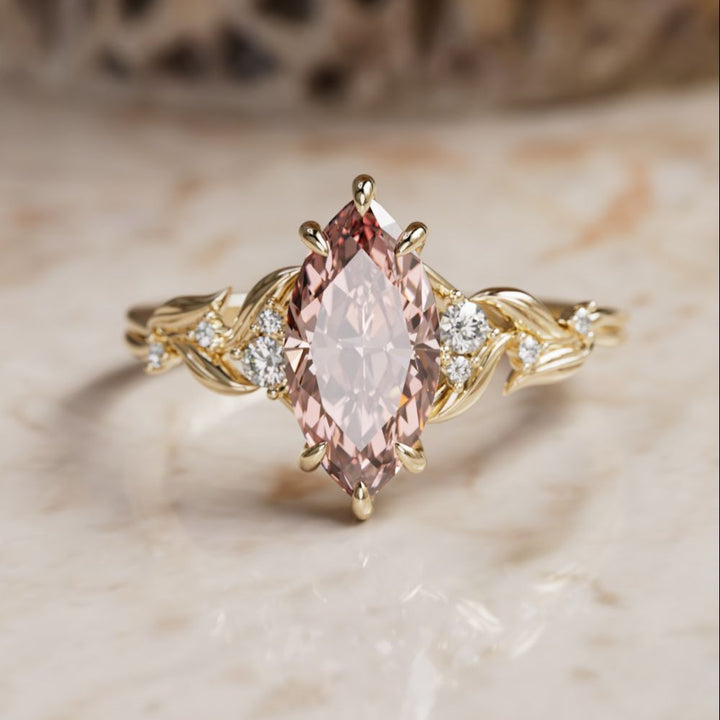 Lab Diamond Engagement Ring: Celria Pink Marquise Cut Flower Ring Nature Inspired