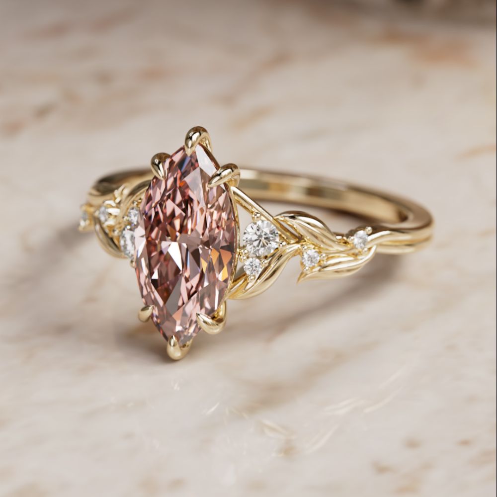 Lab Diamond Engagement Ring: Celria Pink Marquise Cut Flower Ring Nature Inspired