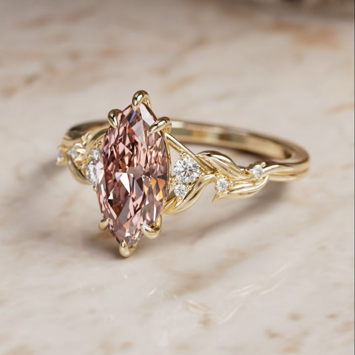 Lab Diamond Engagement Ring: Celria Pink Marquise Cut Flower Ring Nature Inspired