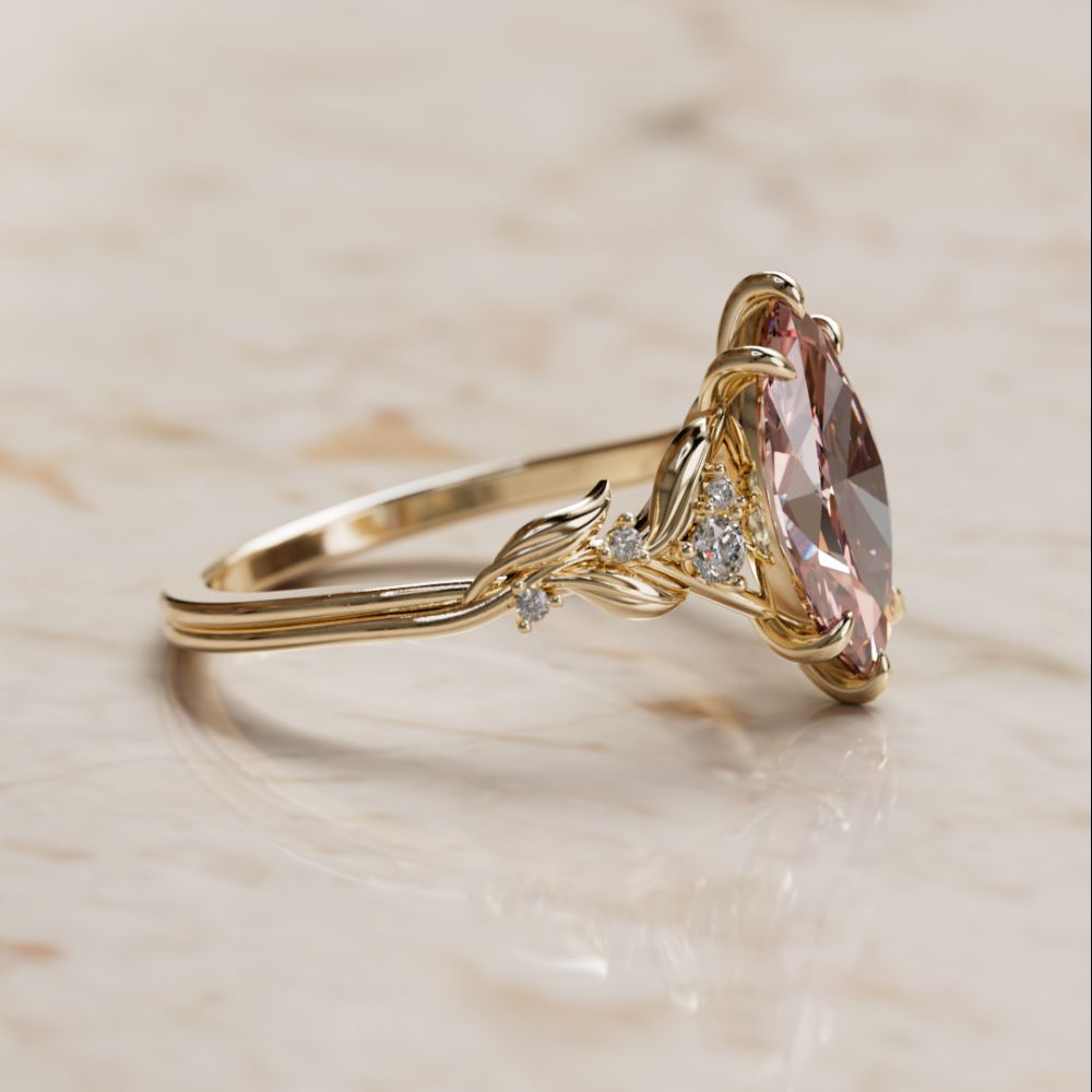 Lab Diamond Engagement Ring: Celria Pink Marquise Cut Flower Ring Nature Inspired