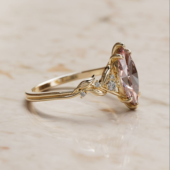 Lab Diamond Engagement Ring: Celria Pink Marquise Cut Flower Ring Nature Inspired
