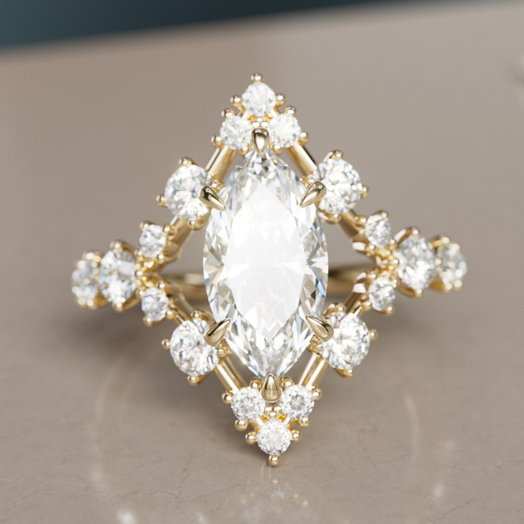 Celestial Engagement Ring, Unique Marquise Diamond Halo