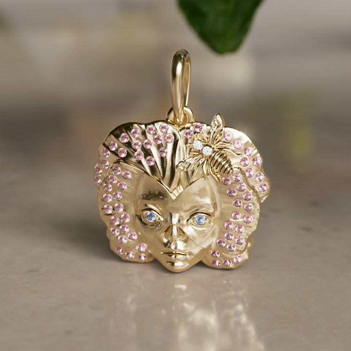 Blomsterflicka Art Nouveau Unikt Naturhänge i Guld med Rosa Turmalin och Blå Safir