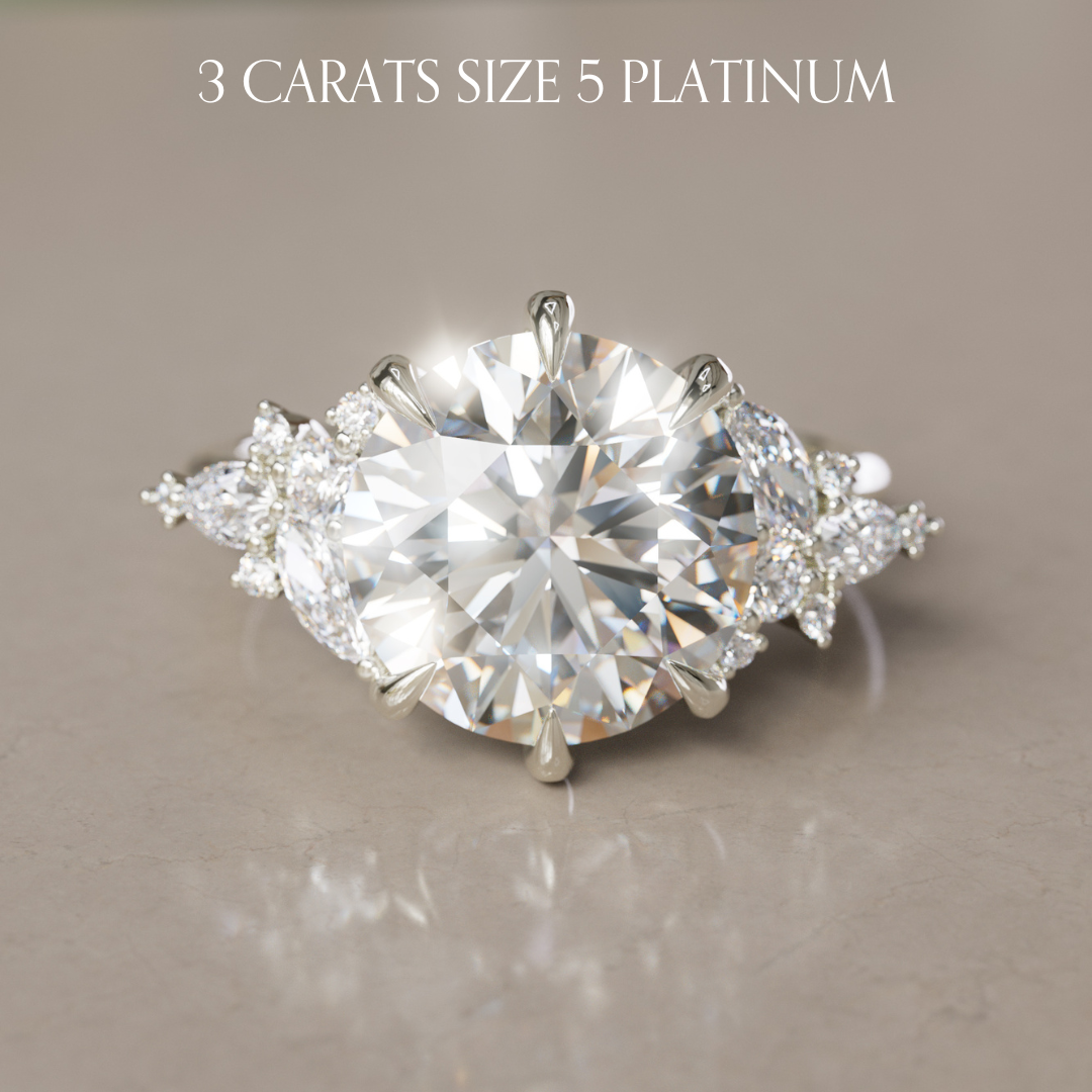 3ct Round Lab Diamond Engagement Flower Ring Nature Inspired in Platinum