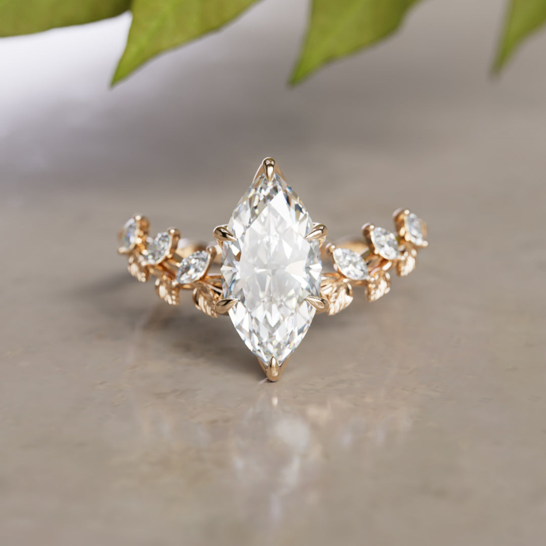 Liora Natuur Geïnspireerde Wijnstok en Bloemblaadje Prong Ronde Lab Diamant Verlovingsring met Bladeren (Alleen Zetting)