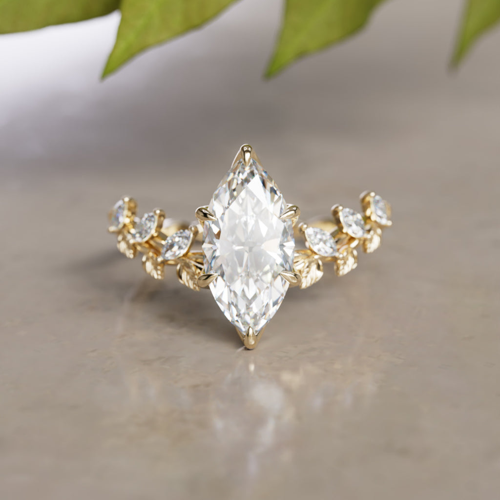 Liora Nature Inspired Vine and Petal Prong Marquise Lab Diamond Engagement Ring with Leaves (Setting Only)