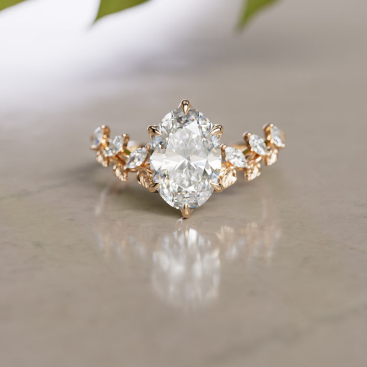Liora Nature Inspired Vine and Petal Prong Oval Lab Diamond Engagement Ring with Leaves (Setting Only)