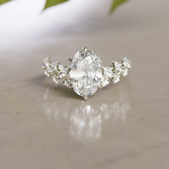 Liora Nature Inspired Vine and Petal Prong Oval Lab Diamond Engagement Ring with Leaves (Setting Only)