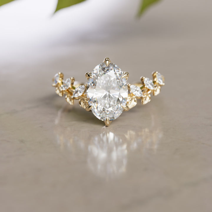 Liora Nature Inspired Vine and Petal Prong Oval Lab Diamond Engagement Ring with Leaves (Setting Only)