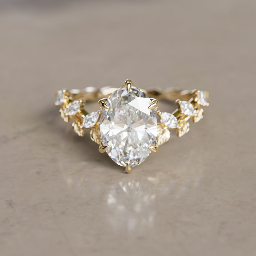 Liora Nature Inspired Vine and Petal Prong Oval Lab Diamond Engagement Ring with Leaves (Setting Only)