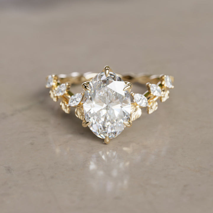 Liora Nature Inspired Vine and Petal Prong Oval Lab Diamond Engagement Ring with Leaves (Setting Only)