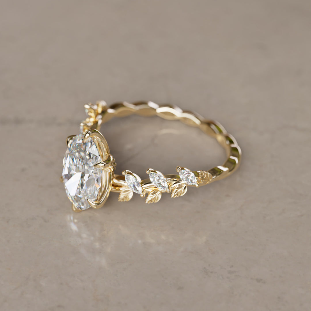 Liora Nature Inspired Vine and Petal Prong Oval Lab Diamond Engagement Ring with Leaves (Setting Only)