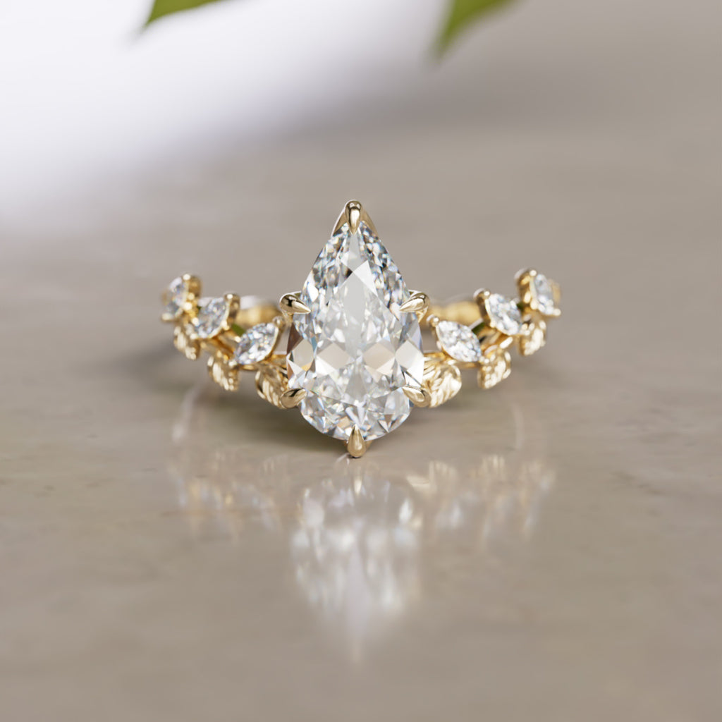 Liora Nature Inspired Vine and Petal Prong Pear Lab Diamond Engagement Ring with Leaves (Setting Only)