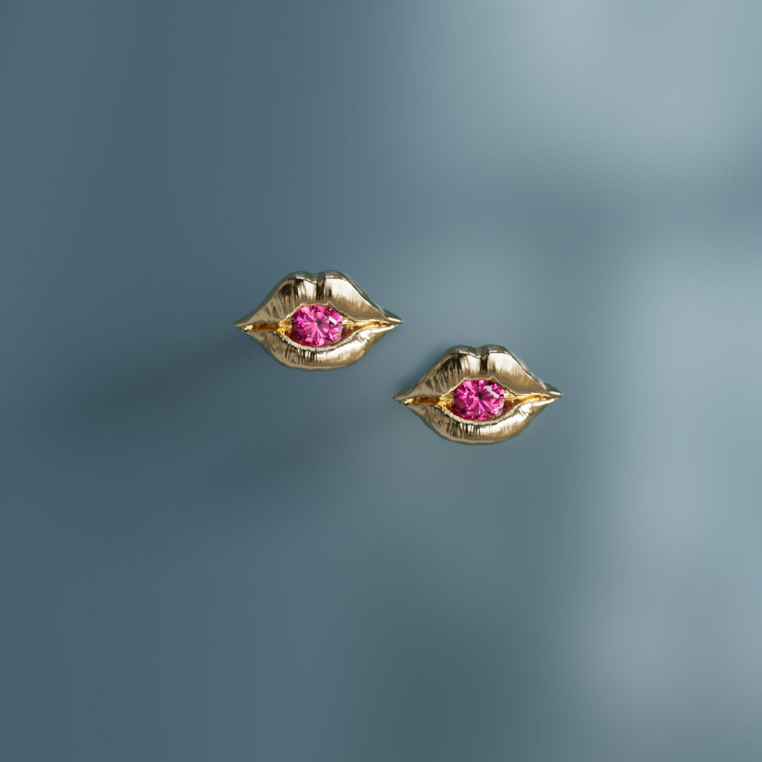 Lovers Lips Trompe-l'œil Surrealist Unique Earrings in Pink Sapphire