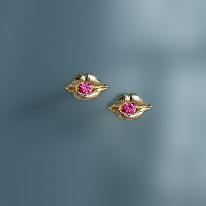 Lovers Lips Trompe-l'œil Surrealist Unique Earrings in Pink Sapphire