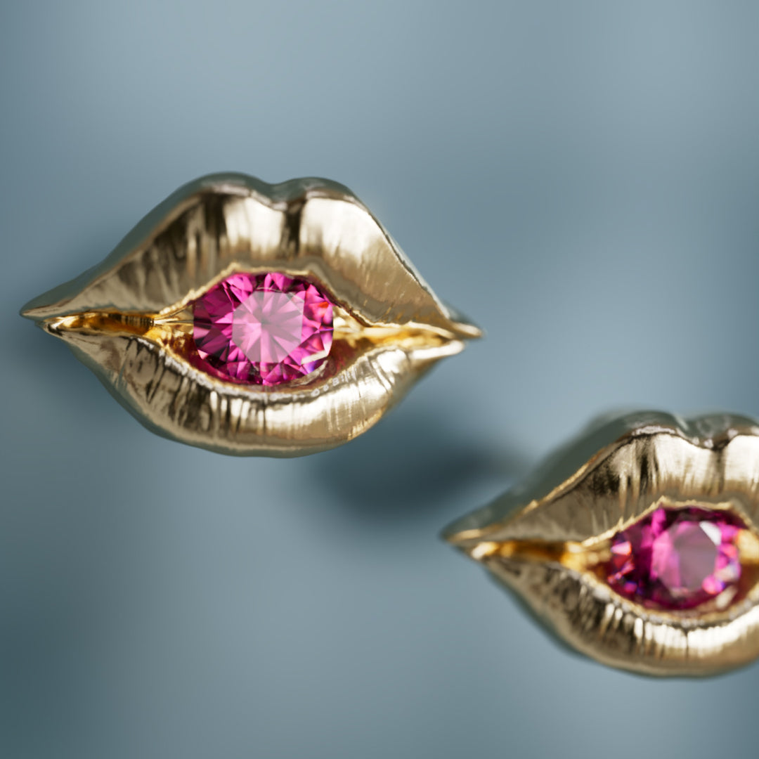 Lovers Lips Trompe-l'œil Surrealist Unique Earrings in Pink Sapphire
