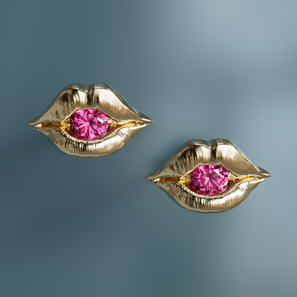 Lovers Lips Trompe-l'œil Surrealist Unique Earrings in Pink Sapphire