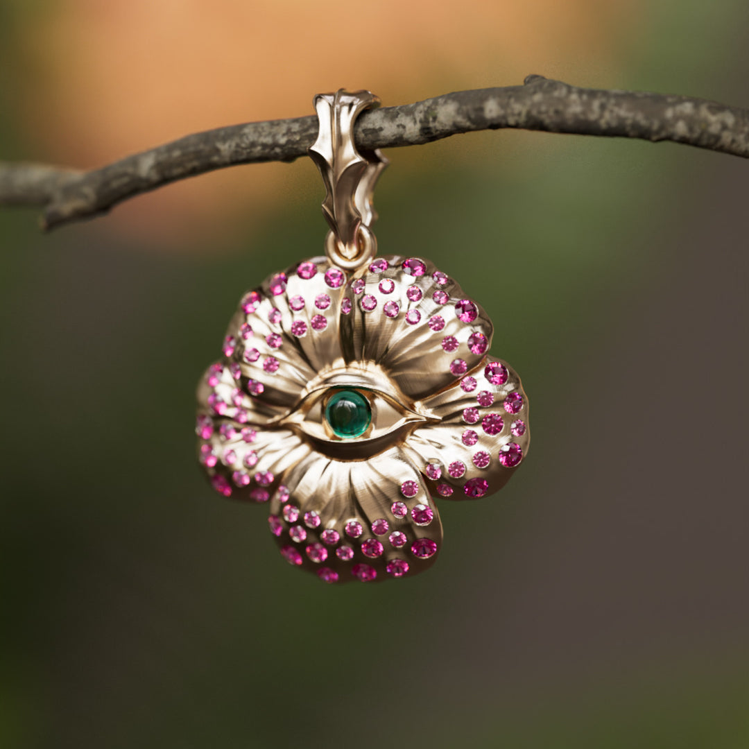 Looking Glass Flower Pendant Unique Nature Necklace with Pink Sapphires and Emeralds By Valley Rose