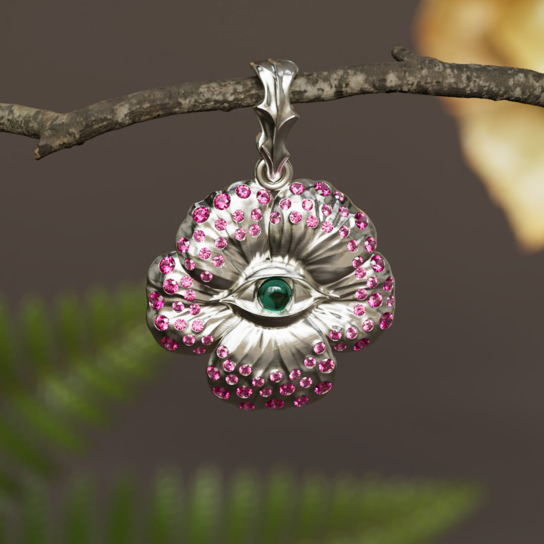 Looking Glass Flower Pendant Unique Nature Necklace with Pink Sapphires and Emeralds By Valley Rose