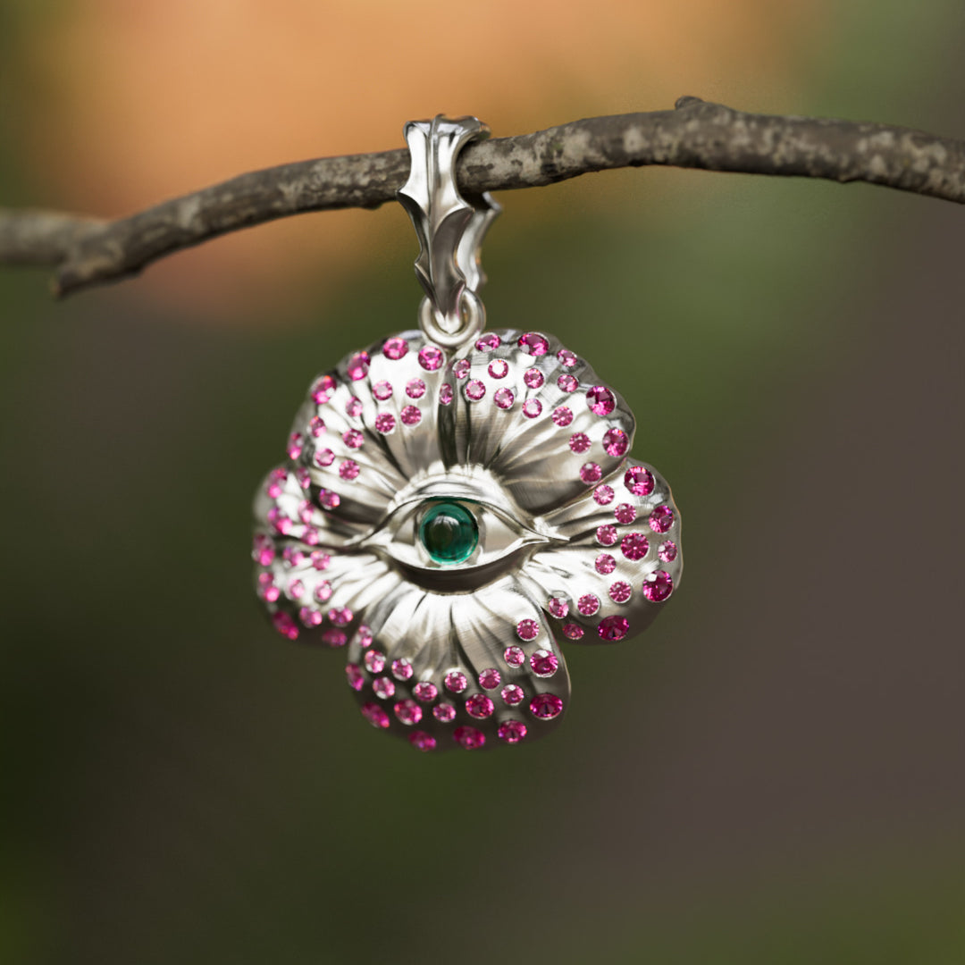 Looking Glass Flower Pendant Unique Nature Necklace with Pink Sapphires and Emeralds By Valley Rose