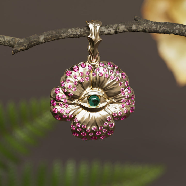 Looking Glass Flower Pendant Unique Nature Necklace with Pink Sapphires and Emeralds By Valley Rose