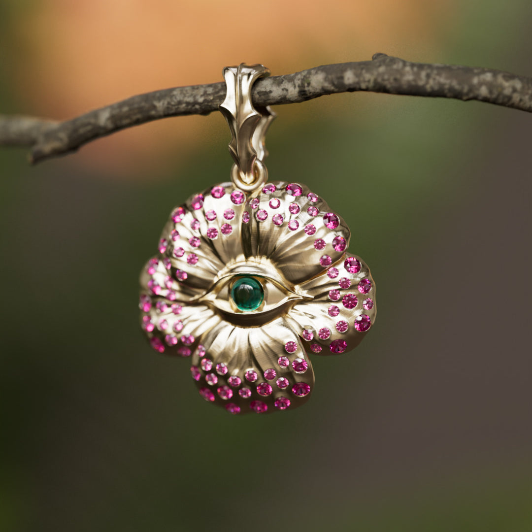 Looking Glass Flower Pendant Unique Nature Necklace with Pink Sapphires and Emeralds By Valley Rose