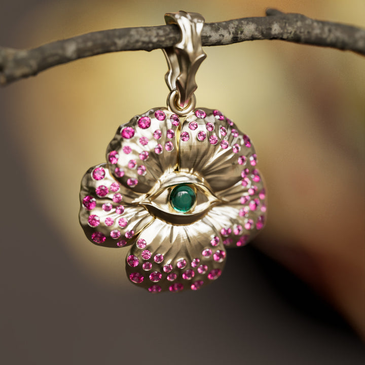 Looking Glass Flower Pendant Unique Nature Necklace with Pink Sapphires and Emeralds By Valley Rose