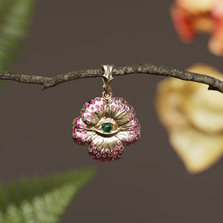 Looking Glass Flower Pendant Unique Nature Necklace with Pink Sapphires and Emeralds By Valley Rose