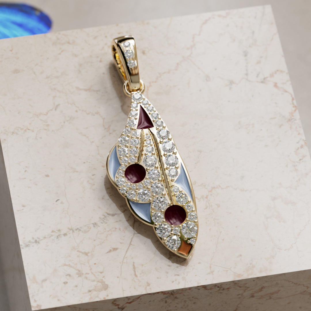 Mariposa Pendant Unique Nature Butterfly Lab Diamond Necklace in Eggplant and Chalcedony